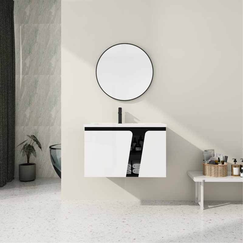 Meuble-lavabo mural flottant 32 po avec lavabo simple et porte d'armoire à fermeture en douceur 32 po, 32"