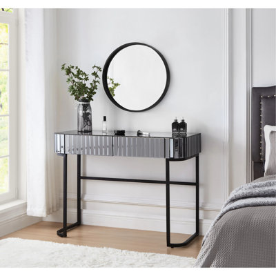 Gray 39" Mirrored Vanity Table With Stainless Steel Base. 2 Drawer Dressing Console. Modern Aesthetics. Ample Storage. Versatile Use In Bedroom And Office. Construction. Easy Assembly Base, Drawers -