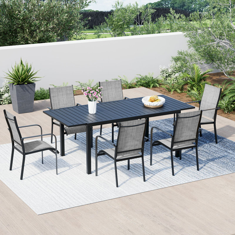 7 Piece Patio Expandable Table Dining Set, Outdoor Dining Table And Chairs Set For 4 To 8, 6 PVC-coated polyester Chairs, 1 Iron Expandable Dining Table, Patio Furniture Set For Deck, Backyard, Lawn, Poolside