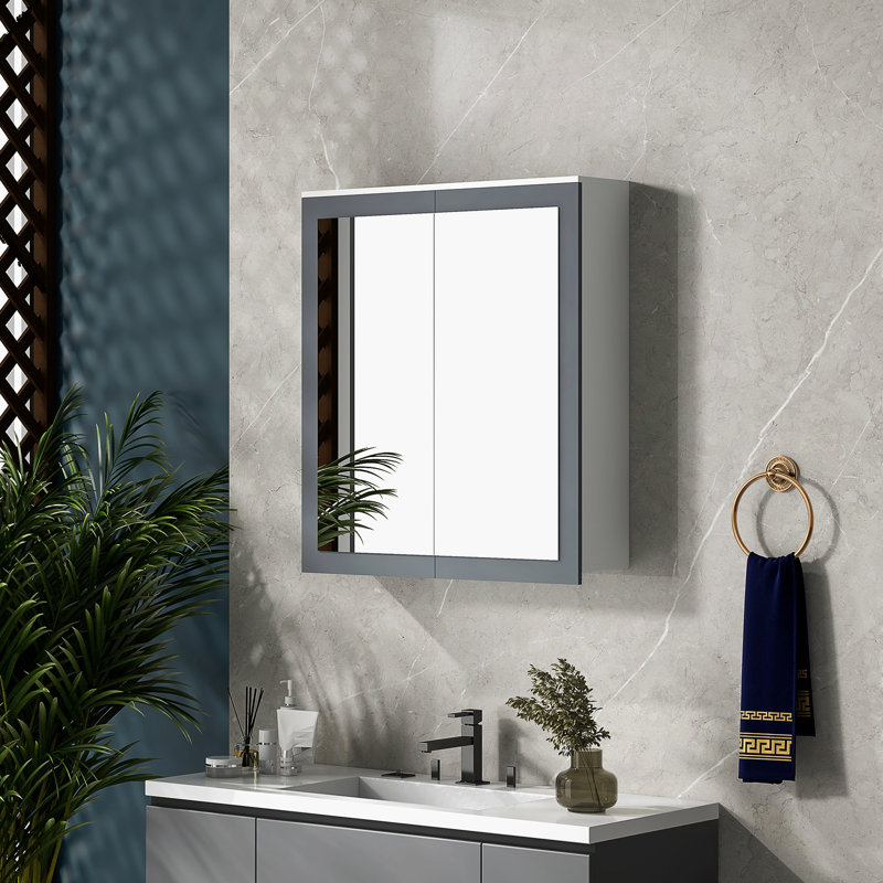 Armoire de salle de bain à miroir avec porte double et rangement, 27 po x 30 po, blanc 2 miroirs avant à tablettes réglables. Fixation murale pour plus d'espace. Fabrication. L 27,25 po x P 6,75 po H 29,75 po