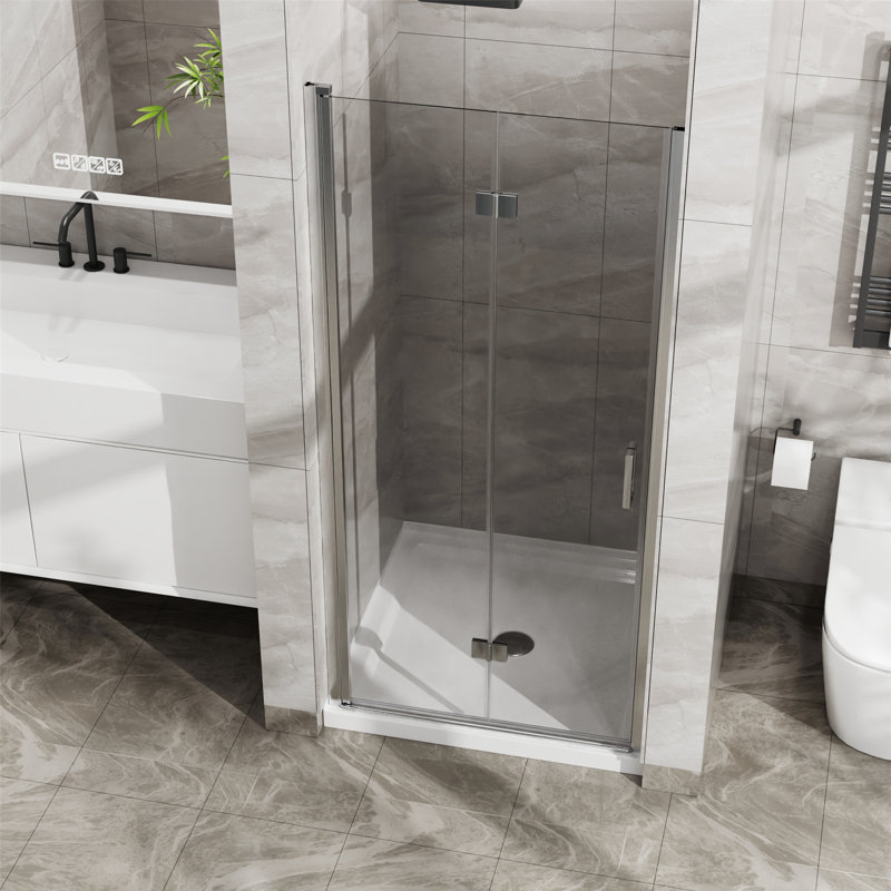 Porte de douche en verre sans cadre avec base de douche en acrylique pour les petites salles de bain, Argenté / blanc