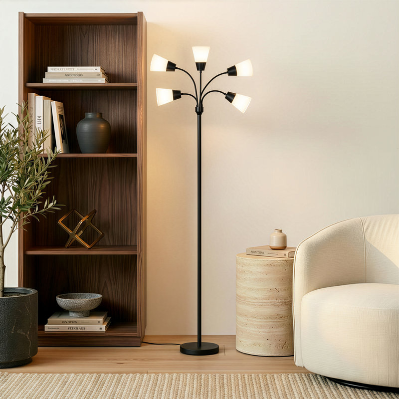 Medusa Modern 78 in. 5-Light Adjustable Gooseneck LED Floor Lamp with 5 Cone Shades, Black