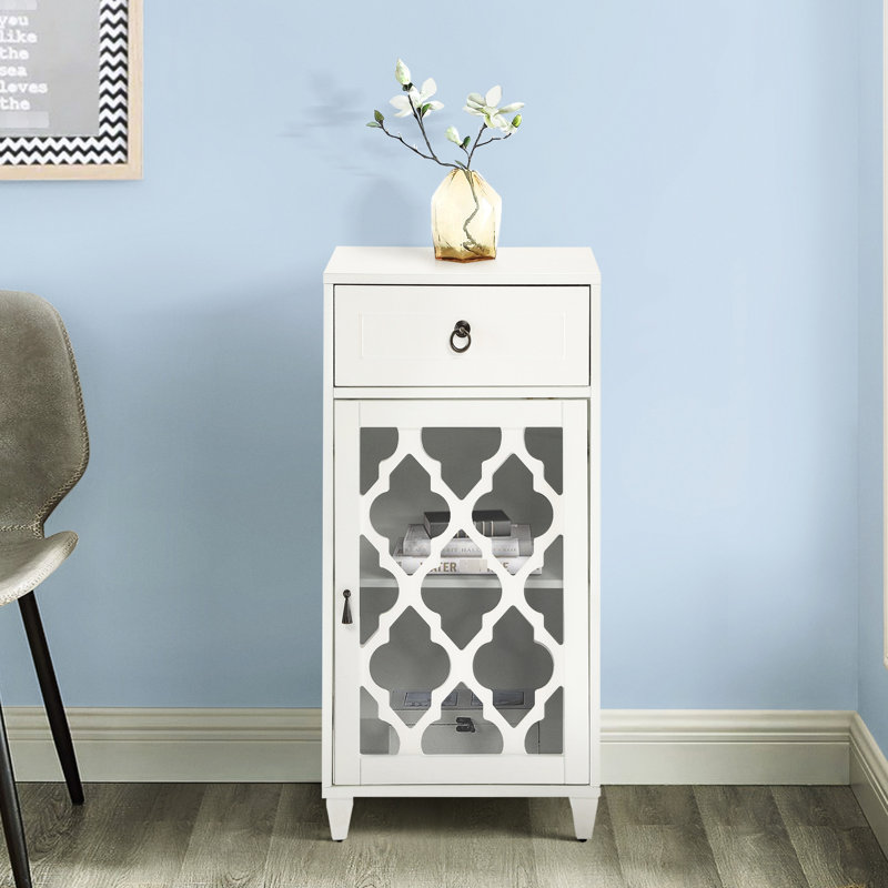 Table d'appoint blanche avec tiroir escamotable et pieds en verre attrayants