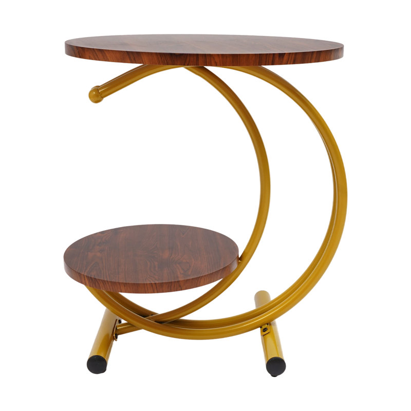 2-Tier Round End Table Side Table, Brown Wood, Gold