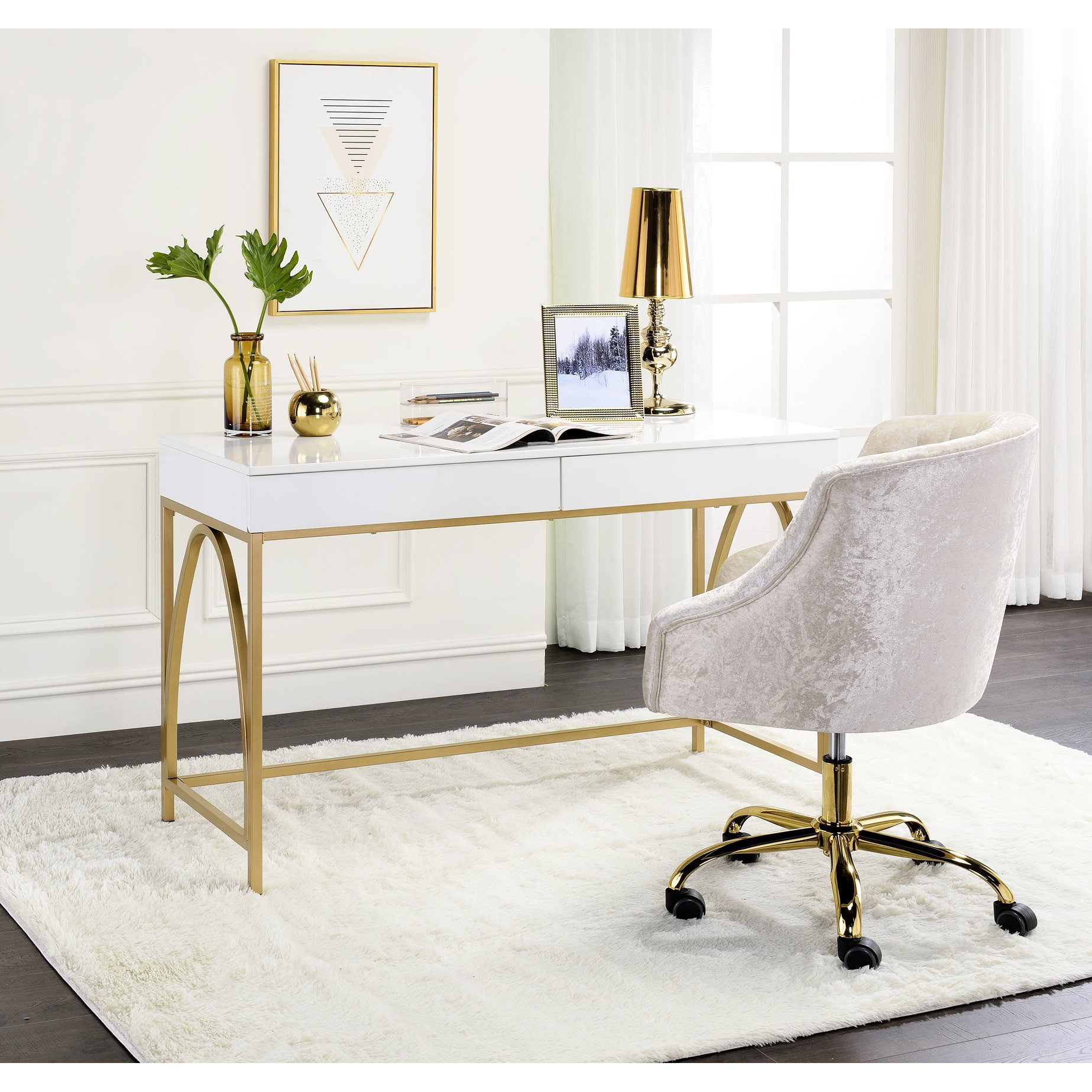 Orren Ellis White High Gloss And Gold Vanity Desk, 2 Fully Finished ...