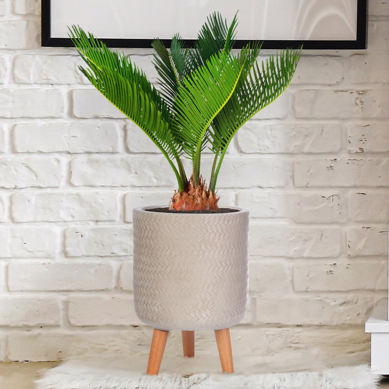 Plaited Style Cylinder Round Planter with Feet, 35cm H x 24cm W x 24cm D, Beige