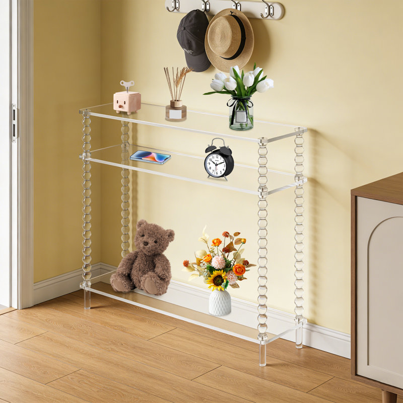 Console en acrylique, table d'entrée étroite étroite avec tablettes de rangement