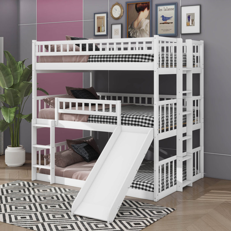 Triple Full-Size Stacked Bunk Bed With Built-In Ladder And Slide, White