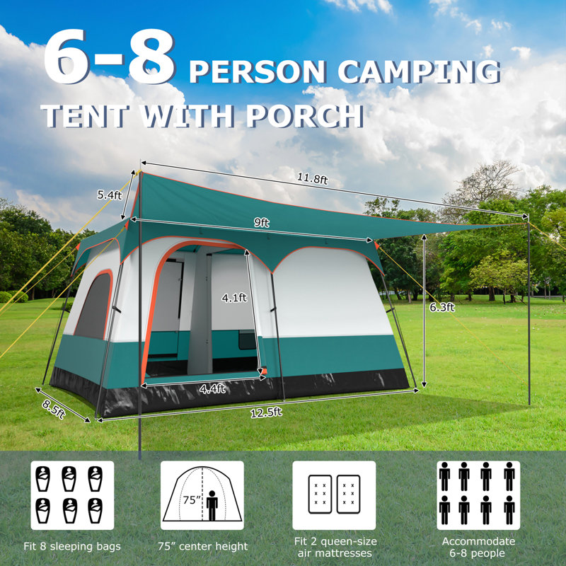 Gymax 8-Person Camping Tent with Porch Large Family Cabin Tent w/ 2 Rooms 2 Doors, Green