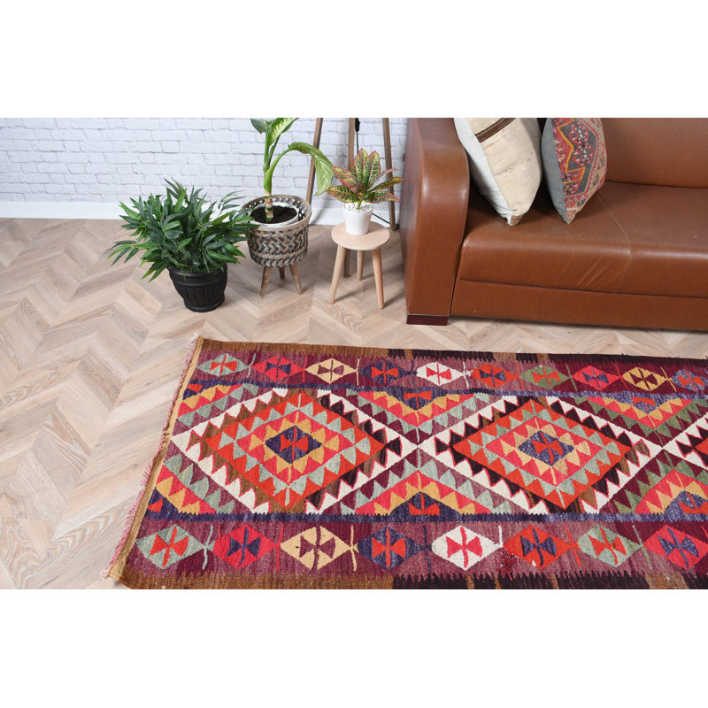 Tapis de style Kilim en laine rouge avec motif géométrique pour escalier et cuisine
