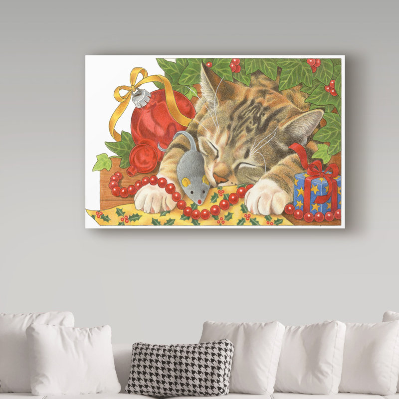 Christmas Cat Sleeping Under Tree Canvas Art, 19"x12"
