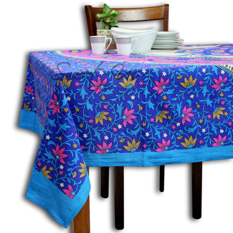 Nappe en coton à motif floral bleu paon / bleu sarcelle / bleu sarcelle / doré, Bleu