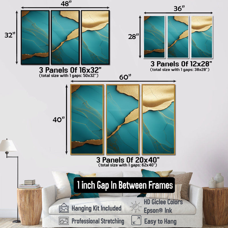Toucher d'or sur agate turquoise - ensemble de décorations murales en marbre, Cadre flottant brun, H 40 po x l 60 po x P 1 po