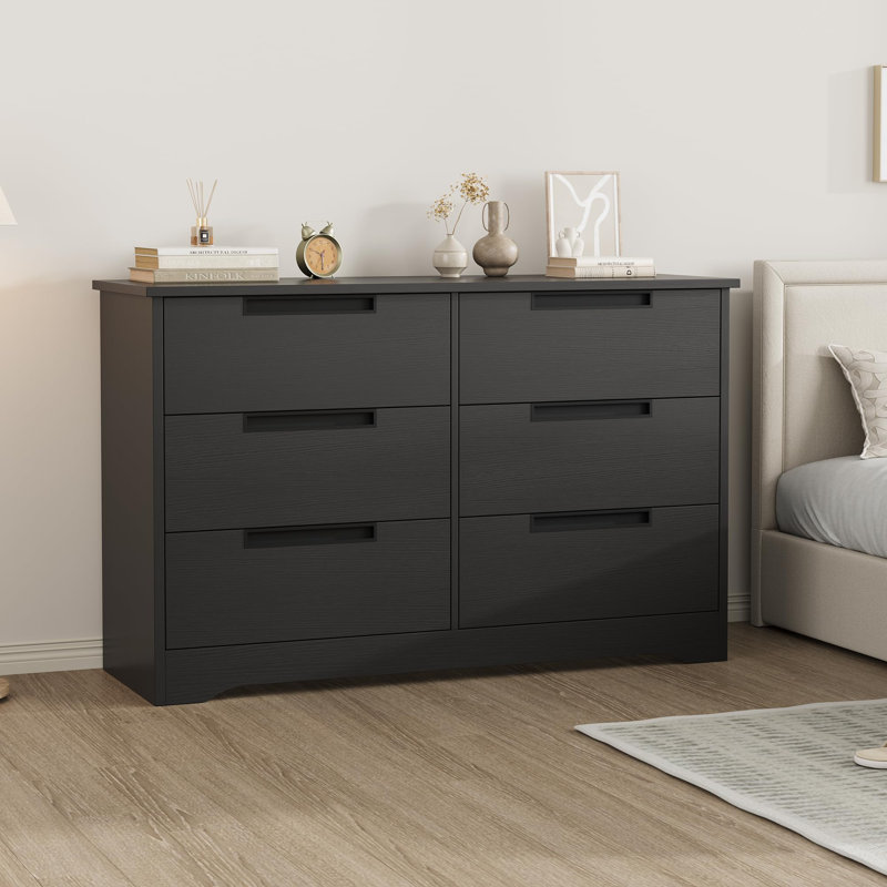 Commode 6 tiroirs 46 pouces pour chambre à coucher avec 6 poignées intégrées