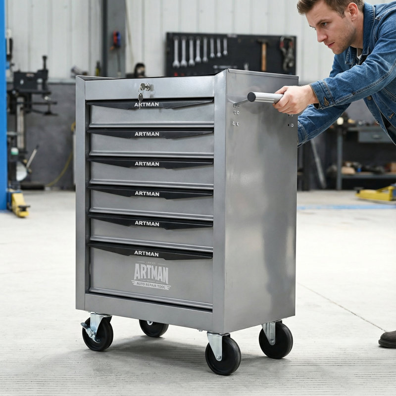 Coffre à outils roulant en métal avec 6 tiroirs, armoire à outils à 6 tiroirs de 20 pouces, rangement en acier pour outils, argent