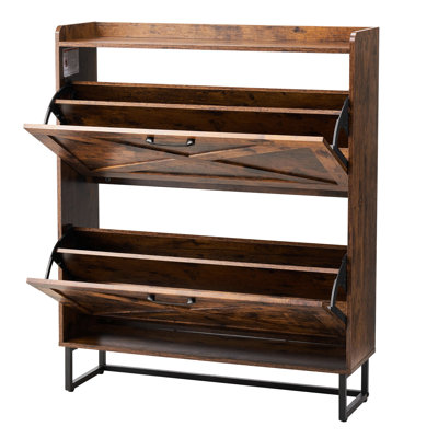 Brown Shoe Organizer, 2 Flip Drawers, Style, Metal Legs, - Tipping, Space Saving, Ideal For Bedroom, Adjustable Shelves Heels, Ankle Boots And Flats Cabinet, Brown, Design, Living Room,