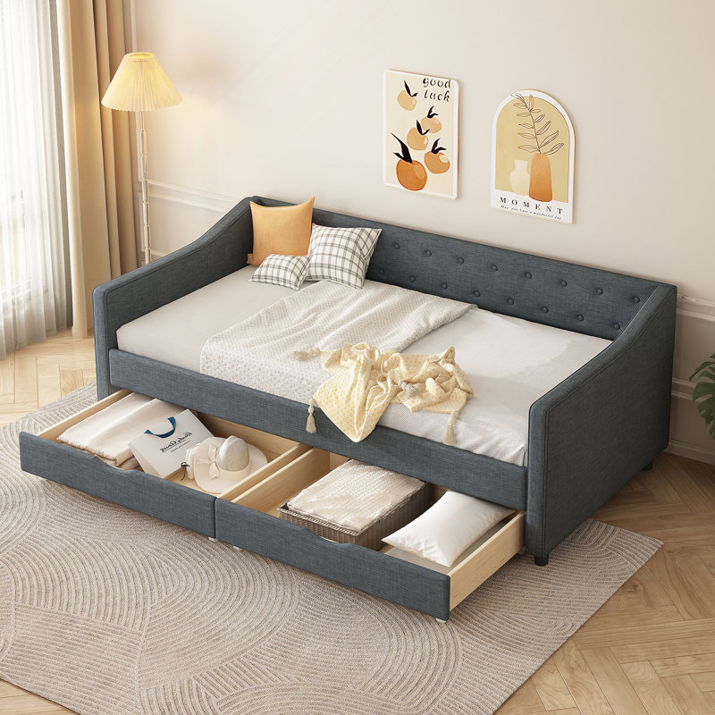 Twin Size Daybed with Drawers Upholstered Tufted Sofa Bed, with Button on Back and Piping on Waved Shape Arms-Dark Grey, Twin