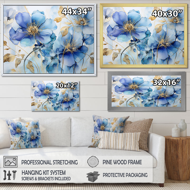 Bleu et or violettes ornées, Cadre simple argenté, H 16 po x l 32 po x P 1 po