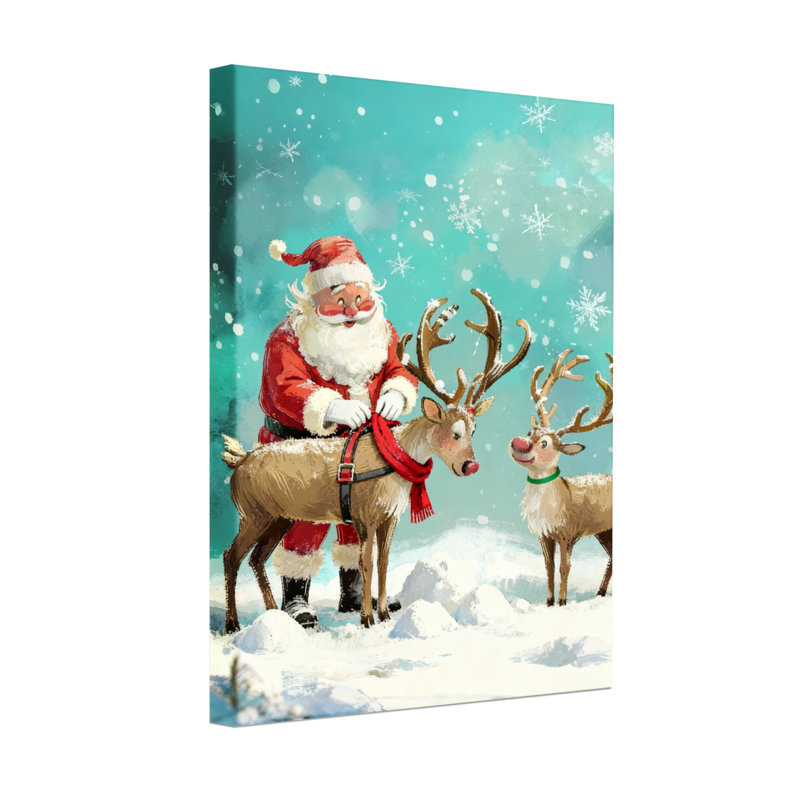 Père Noël avec des rennes dans une scène enneigée, H 18 po x l 12 po