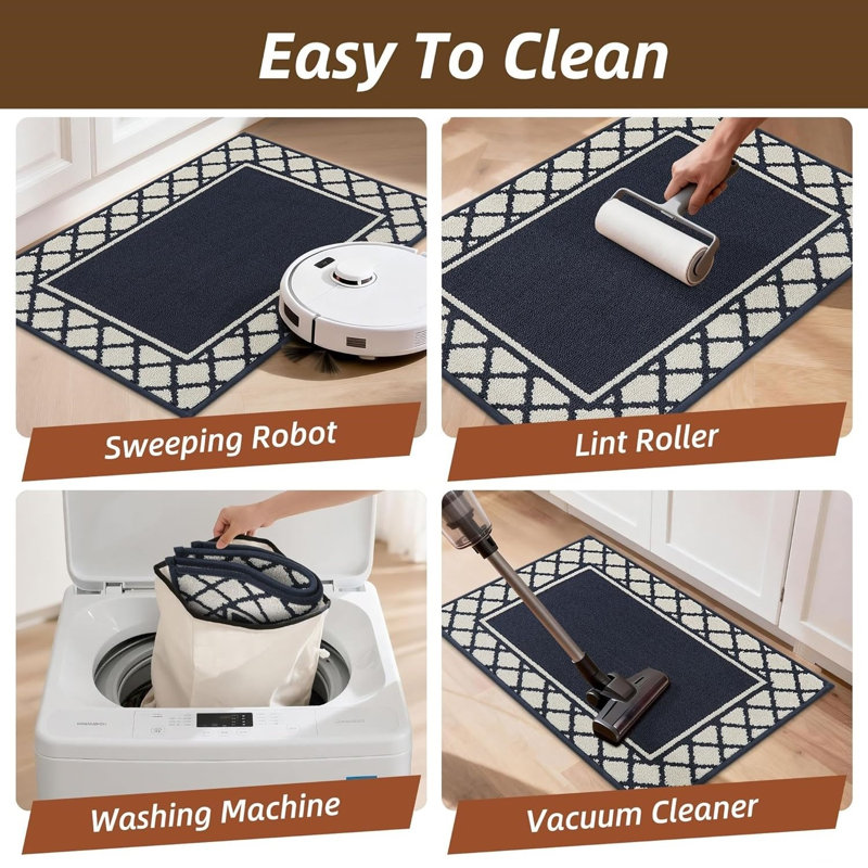 Gray Absorbent Kitchen Runner Rug Mats 2 Pieces for Kitchen, Nonslip TPR Backed Carpet Rugs, 50x76cm+50x122cm, Navy
