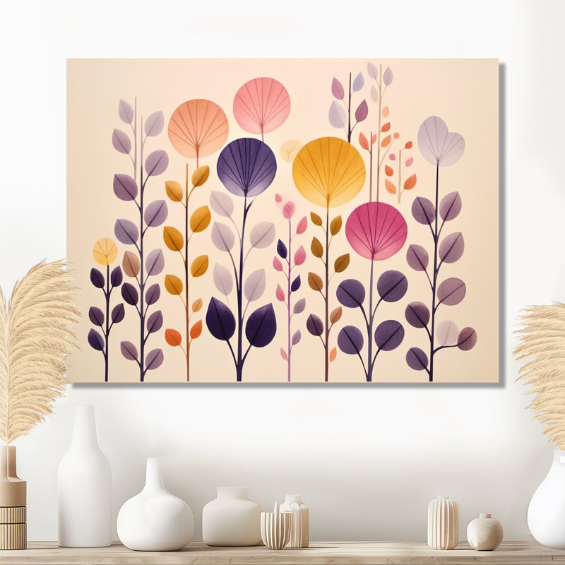 Paysage floral rétro jaune mauve - botanique, art mural, Métal métal, H 12 po x l 20 po