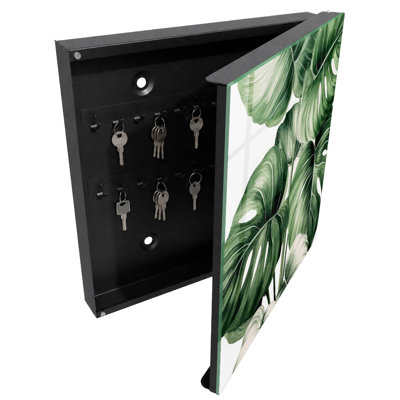 Key storage box, Opens to the right, 30x30x5, Black, Monstera in green and white tones, 