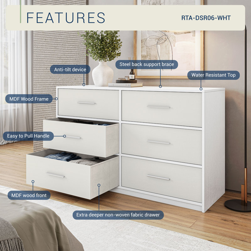 6-Drawer Dresser With Large Fabric Drawers, White