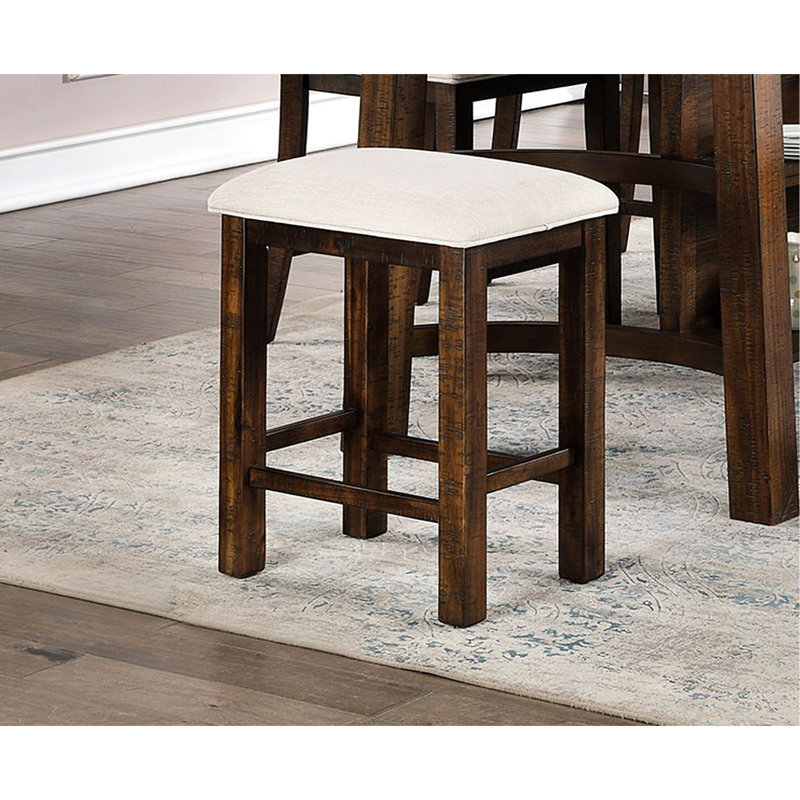 2 tabourets de salle à manger rustiques, structure en bois massif, siège en tissu beige, sièges à hauteur de comptoir, bois, finition chêne, coussin