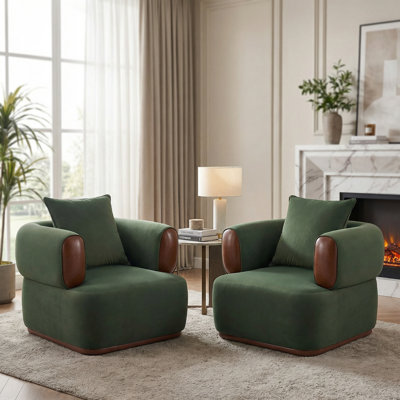 Velvet Upholstered Accent Chair with Round Arms & Pillow