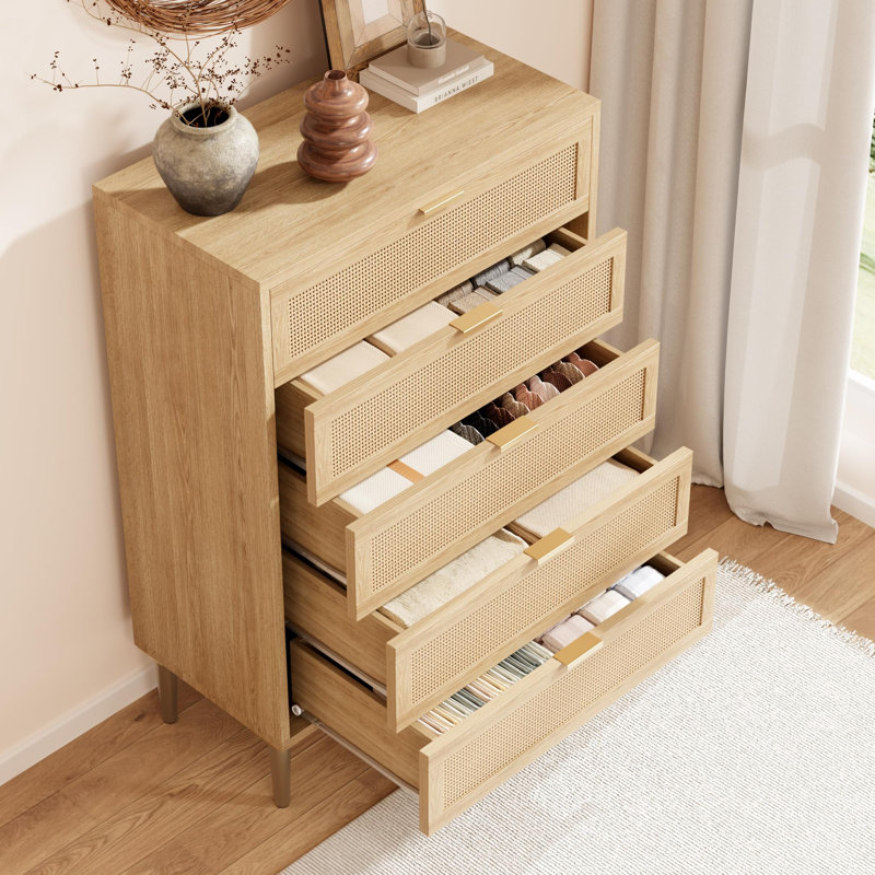 Rattan 5 Drawer Dresser, 44'' Tall Narrow Chest Of Drawer
