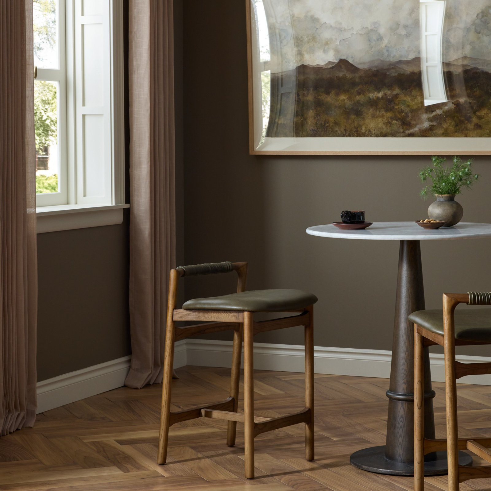 Solene Bar and Counter Stool, Toasted Nettlewood, Dulane Moss/Genuine Leather, Counter Stool (26" Seat Height)