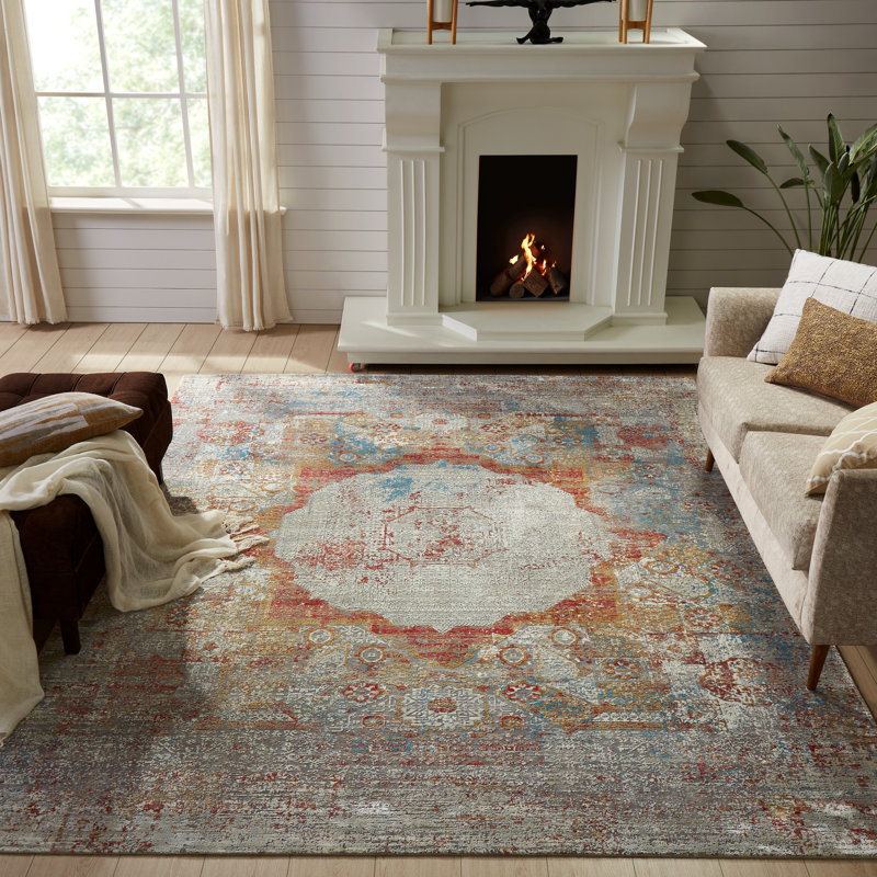 Oriental Area Rug in Gray, Rectangle 5' x 7', Gray/Red