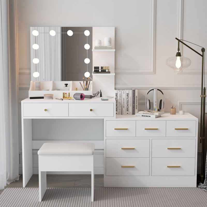 Makeup Vanity With Lights, Charging Station And Mirror, Gold, White
