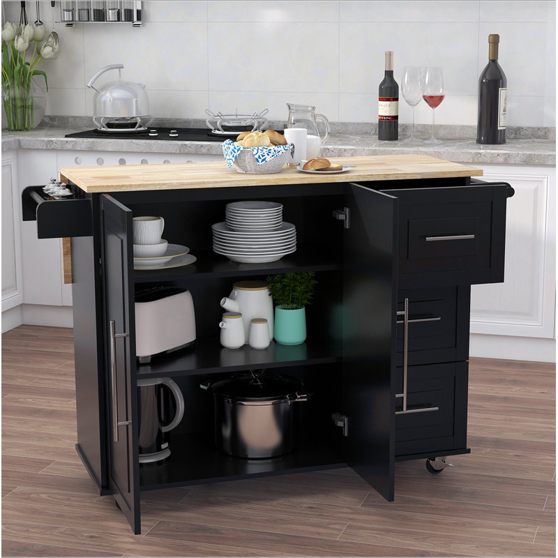 Îlot de cuisine avec support à épices, porte-serviettes et plateau de table en bois massif extensible, Black