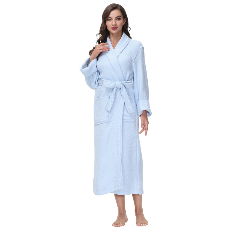 Blue Cotton Waffle Knit Ankle-Length Bathrobe