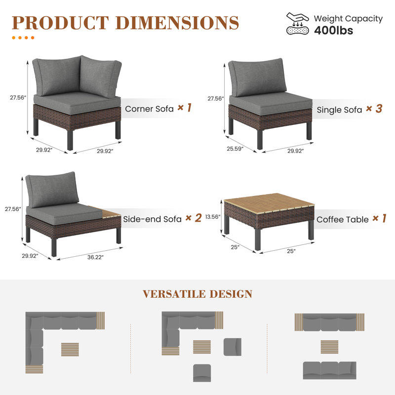 L-Shaped Rattan Outdoor Patio Sofa Set, 6, Gray