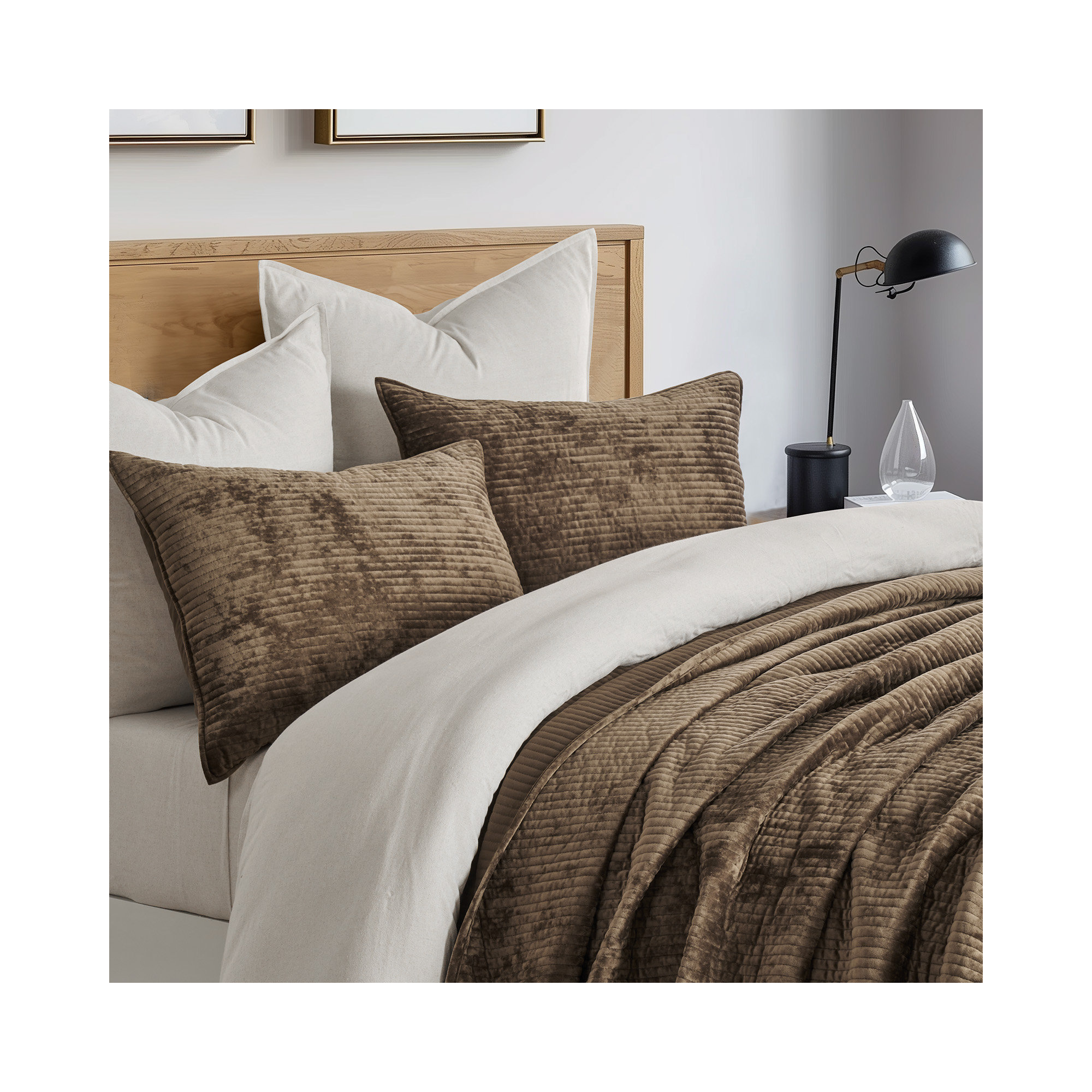Striped Channel Velvet Quilt Set, Mushroom Brown, Queen