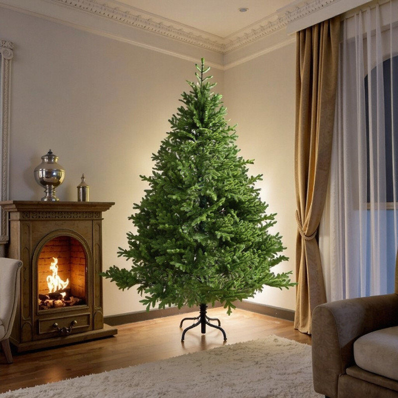 Arbre de Noël de 7 pi en polyéthylène non éclairé avec support en métal pliable et branches articulées, H 7 pi, Vert
