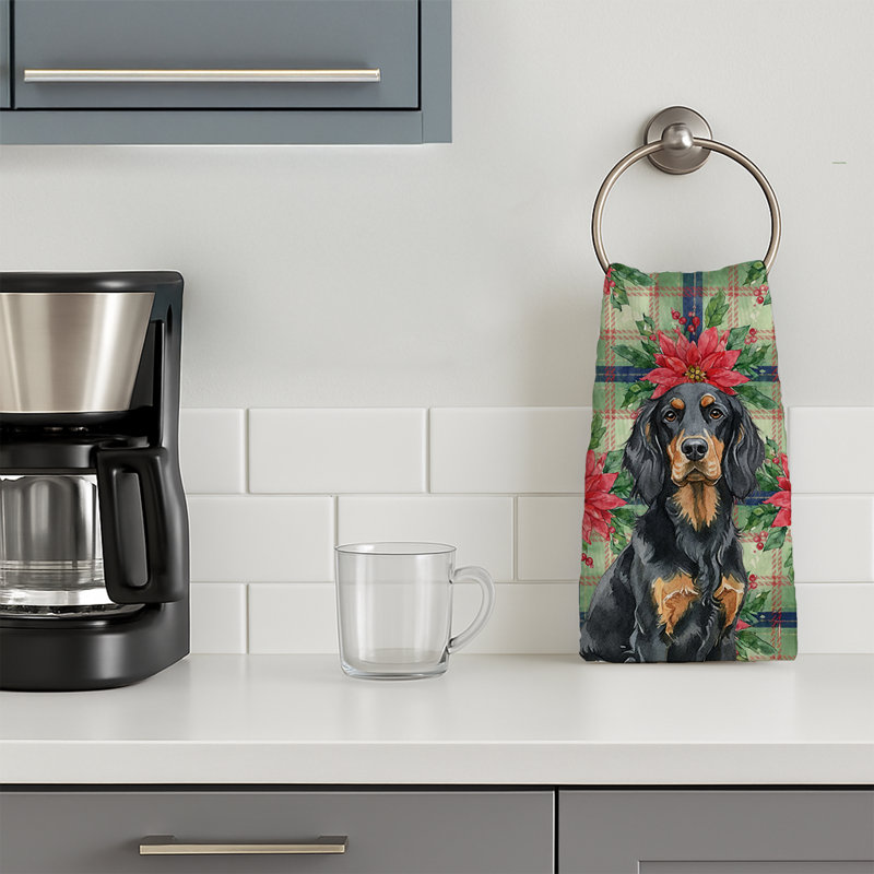 Gordon Setter Christmas PoinsettIas Kitchen Towel, Black/Brown Gordon Setter