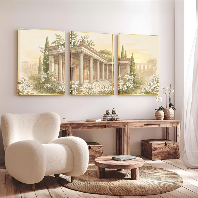 Ensemble de 3 tableaux sur toile représentant un temple grec classique avec des fleurs blanches et des colonnes