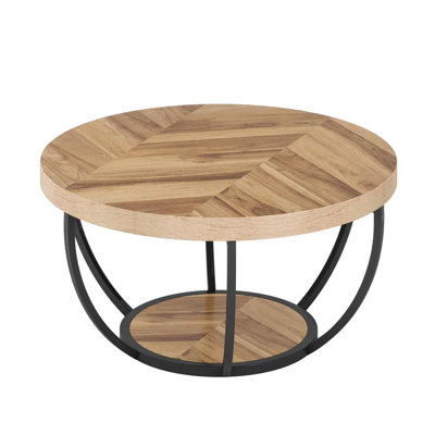 Round Wood Coffee Table With 2-tier Storage, Modern Cocktail Center Table With Curved Metal Base, Living Room & Reception Accent Table