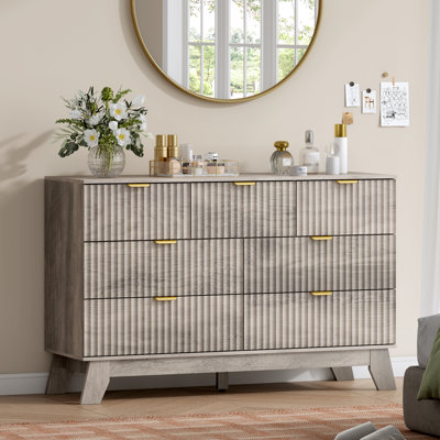 Fluted 7- Drawer Rattan Dresser For Bedroom, 47''W TV Stand Table Storge Chest of Drawers with Adjustable Feet&Metal Handle