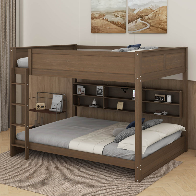 Lit superposé grand sur grand avec armoires et ports USB, Bois antique
