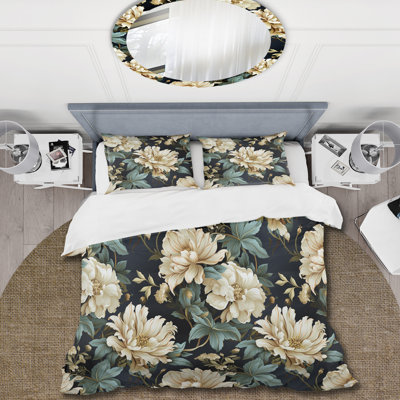 Victorian Green And White Damask Grand Polyester Box Stitch Floral Duvet Cover Set