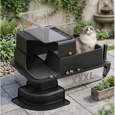 XXXL Stainless Steel Litter Box, 28"x20"x18" Extra Large Fully Enclosed High Sided Metal Cat Box with Filtered Grid, Step, Scoop, Non-Sticky, Odor-Free, Easy Cleaning, Black