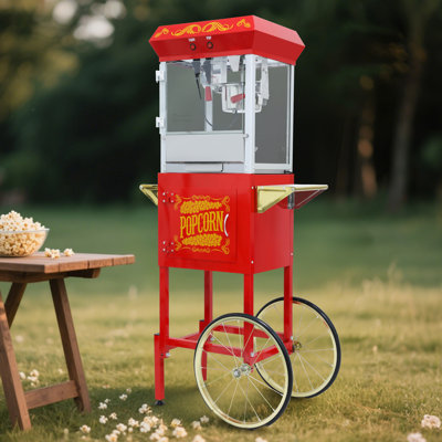 Machine à maïs soufflé 8 onces avec chariot Popper de style théâtre avec bouilloire en acier inoxydable, terrasse chauffante et tiroir rétro