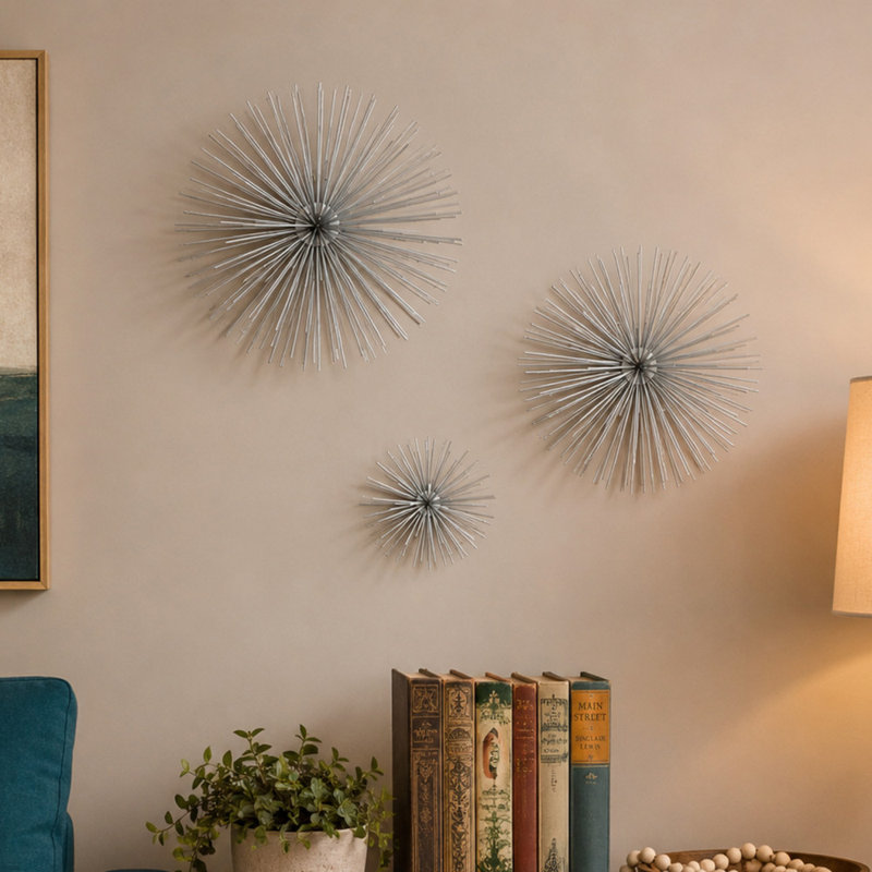 Gold Metal Starburst 3D Short Spike Home Wall Decor, Set of 3 6", 9", 12"W, Silver