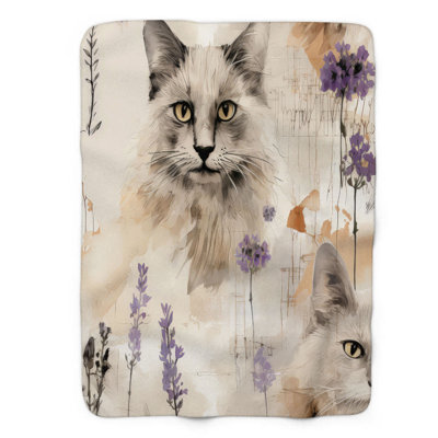 Flower-Frolicking Feline - 1 Piece Premium Sherpa Throw Blanket