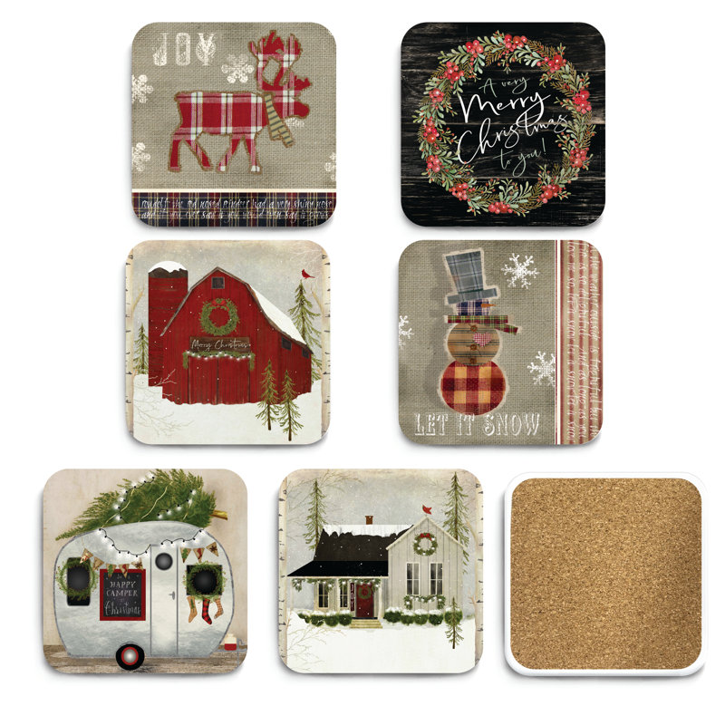 Ensemble de sous-verres carrés en céramique 4 po Christmas at the Logde
