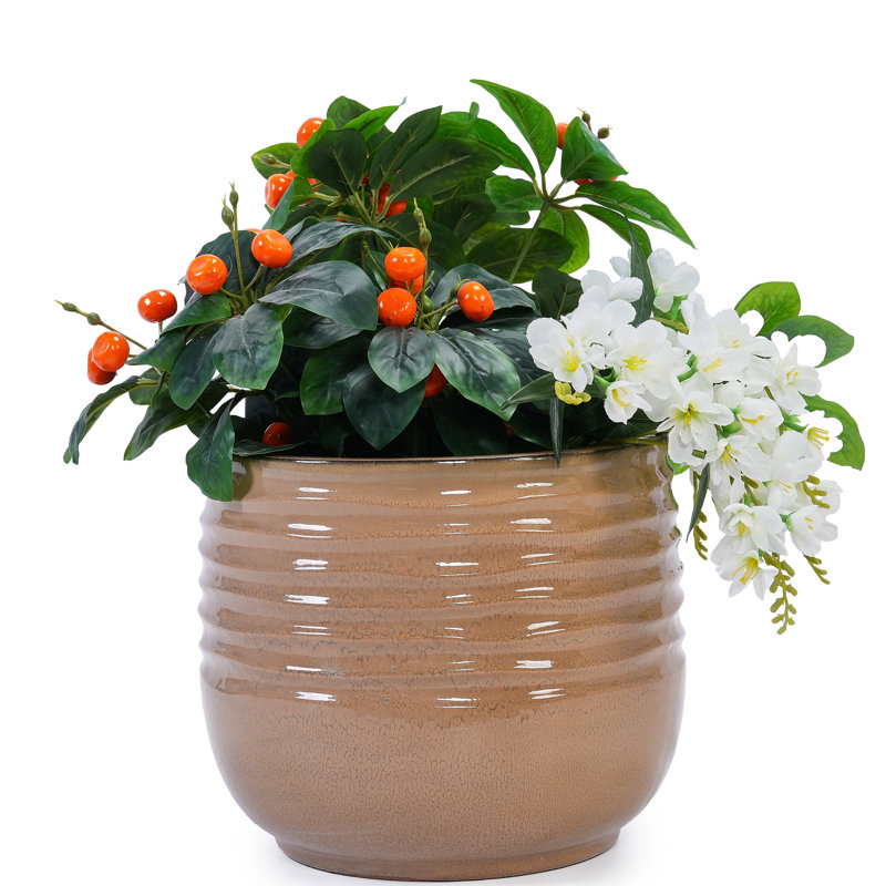 Ceramic Planter Of 3, Modern Style With Antique Bronze Glossy Finish, Frost - , Heat Suitable For Indoor And Outdoor, 42.8 Lbs 3 Piece Flowerpot , No Assembly, Drainage Hole,